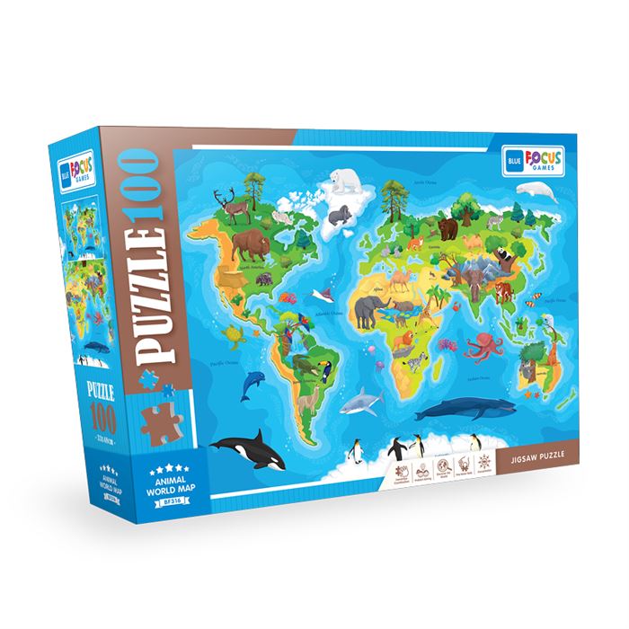 Blue Focus 100 Parça Puzzle Animal World Map (Hayvan Dünya